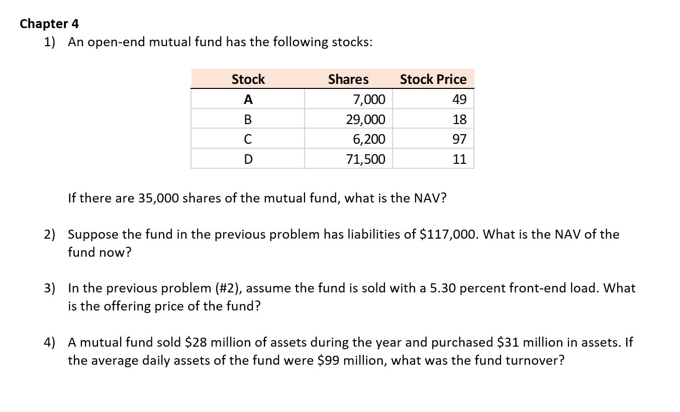  Chapter 4 1) An open-end mutual fund has the following stocks: