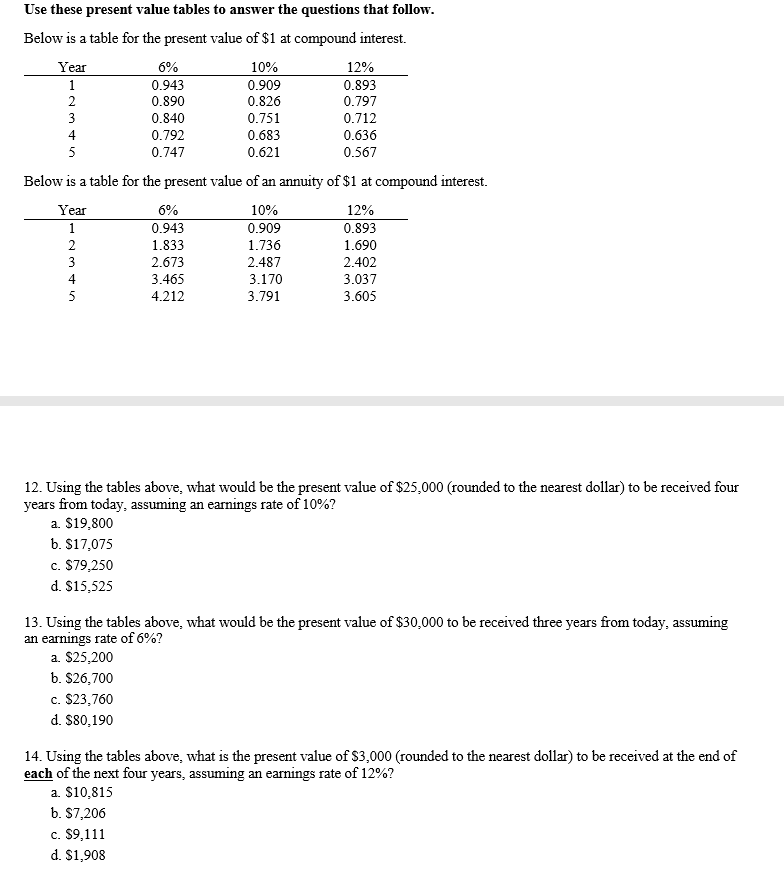  Use these present value tables to answer the questions that follow.