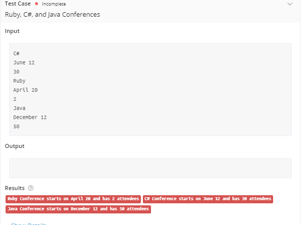 Create a program named ConferencesDemo for a hotel that hosts business conferences.