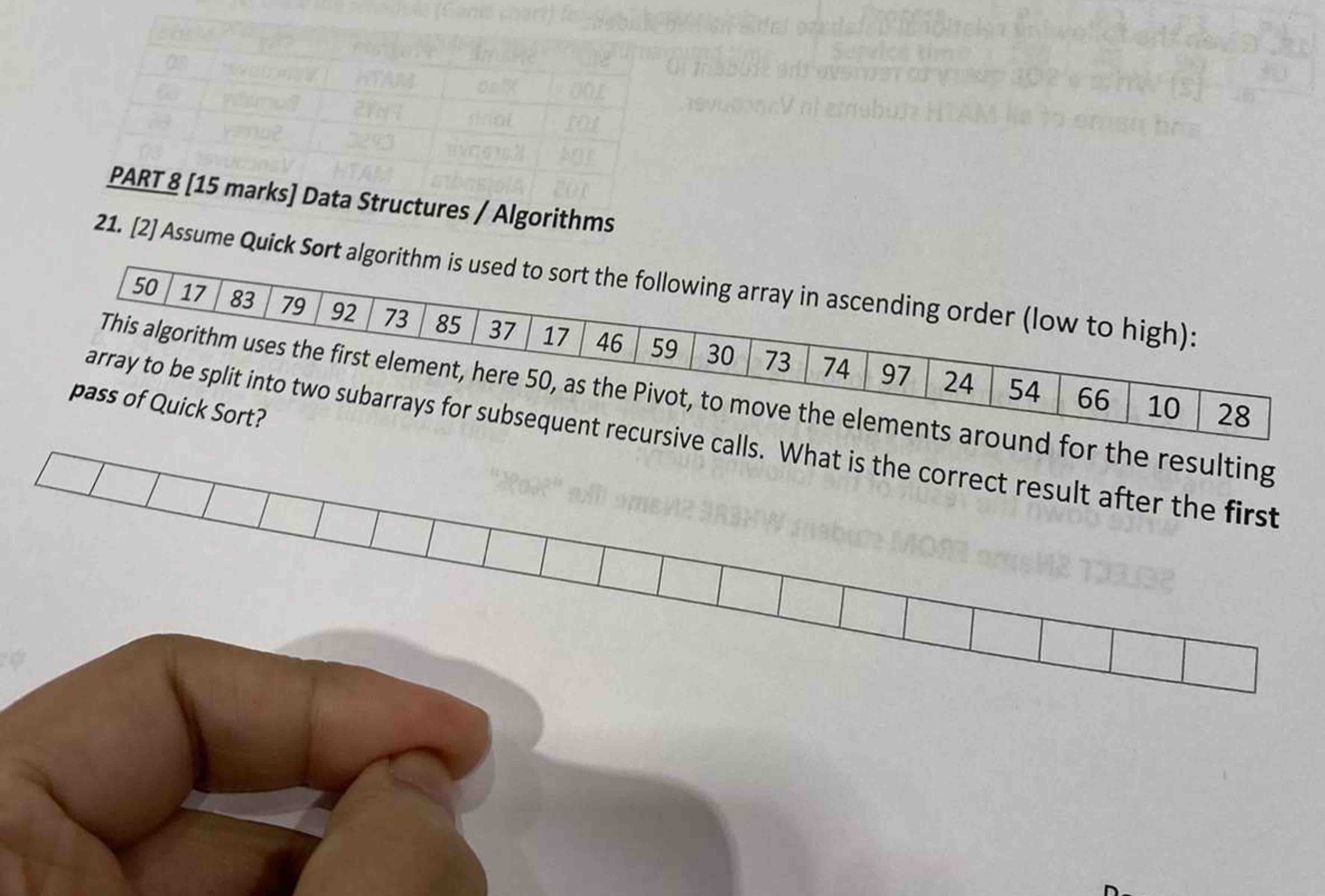  PART 8[15 marks] Data Structures / Algorithms [2] Assume Quick Sort