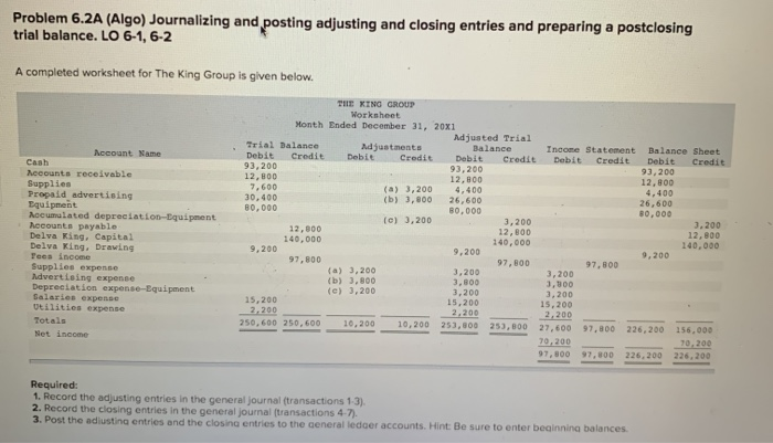  Problem 6.2A (Algo) Journalizing and posting adjusting and closing entries and