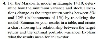 Markowitz Portfolio Model Data Target Return Min. Variance Stock 1 Stock