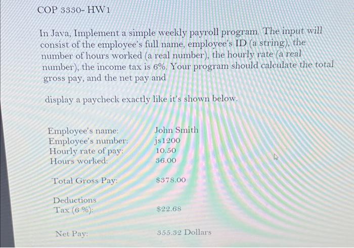 please help in java COP SSSo-HW 1 In Java, Implement a simple