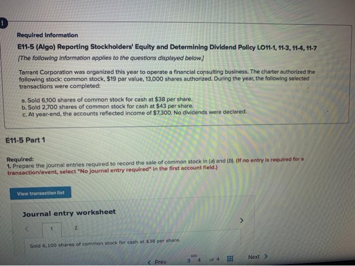  Required Information E11-5 (Algo) Reporting Stockholders' Equity and Determining Dividend Policy