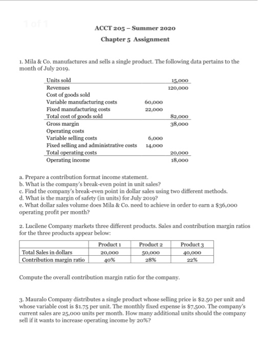  ACCT 205 - Summer 2020 Chapter 5 Assignment 1. Mila &