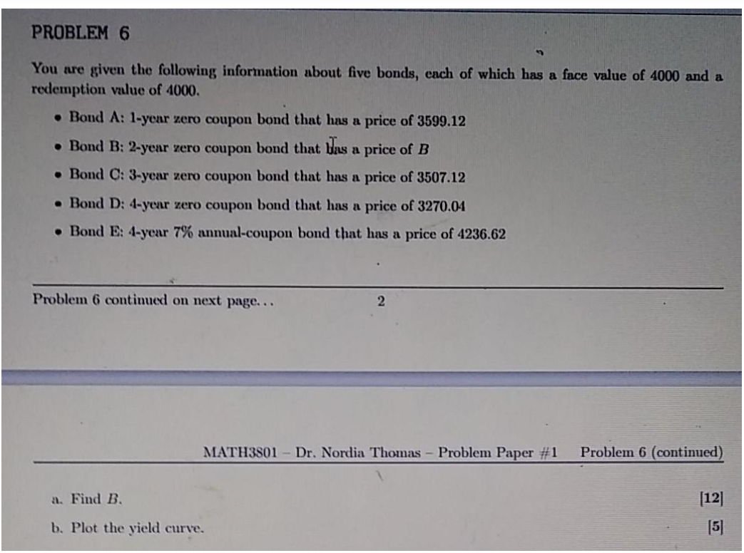  PROBLEM 6 You are given the following information about five bonds,