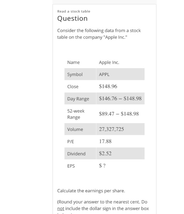 please just need the answer no explination Read a stock table Question