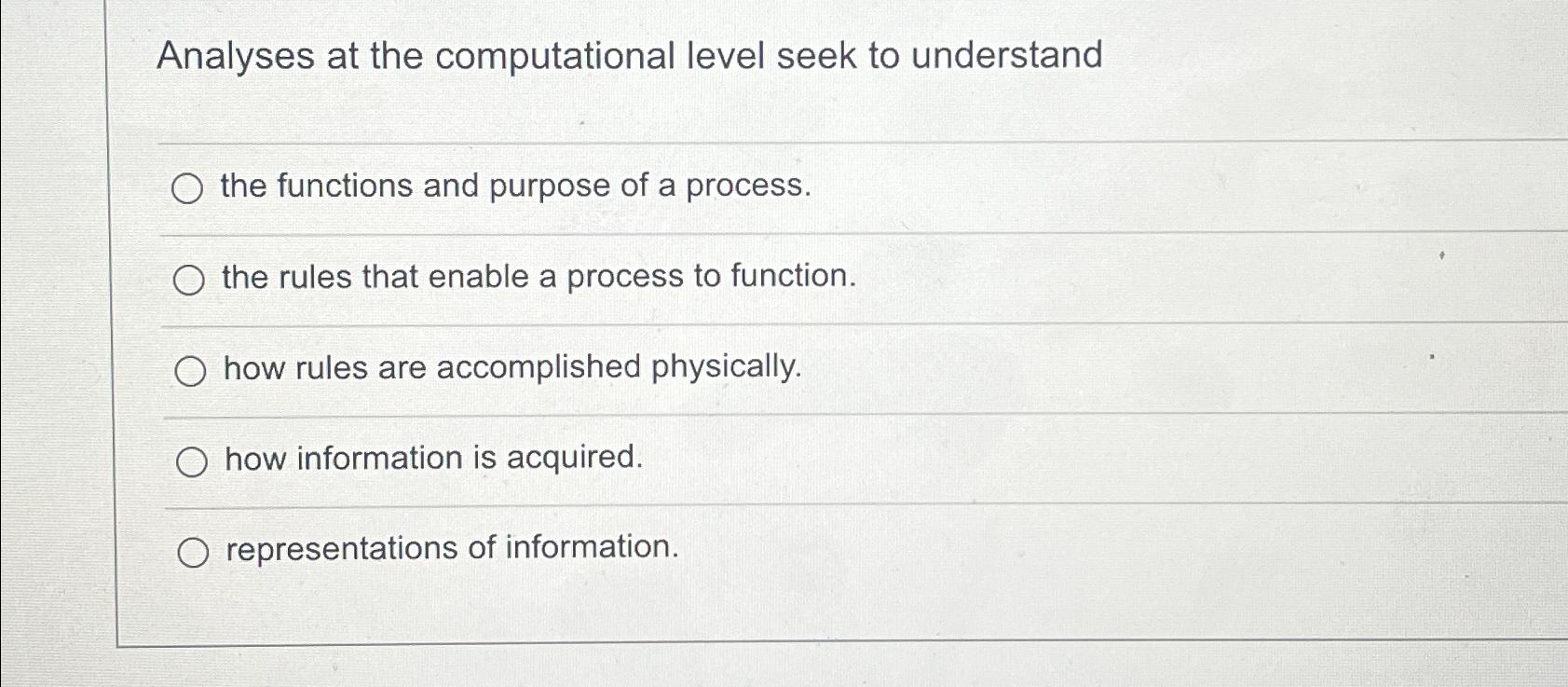  Analyses at the computational level seek to understand the functions and