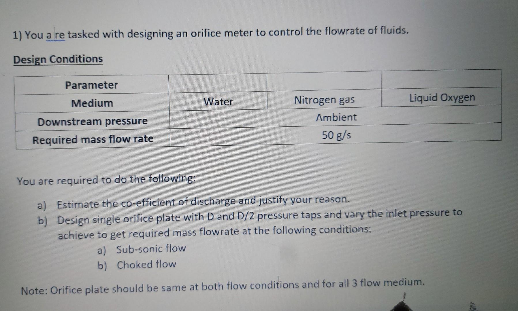 1) You a re tasked with designing an orifice meter to
