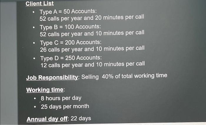  Client List Type A = 50 Accounts: 52 calls per year