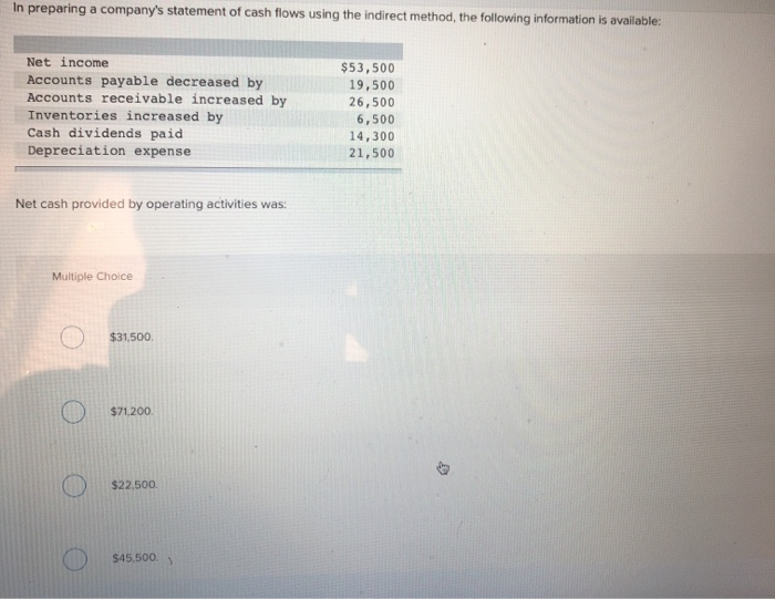  In preparing a company's statement of cash flows using the indirect