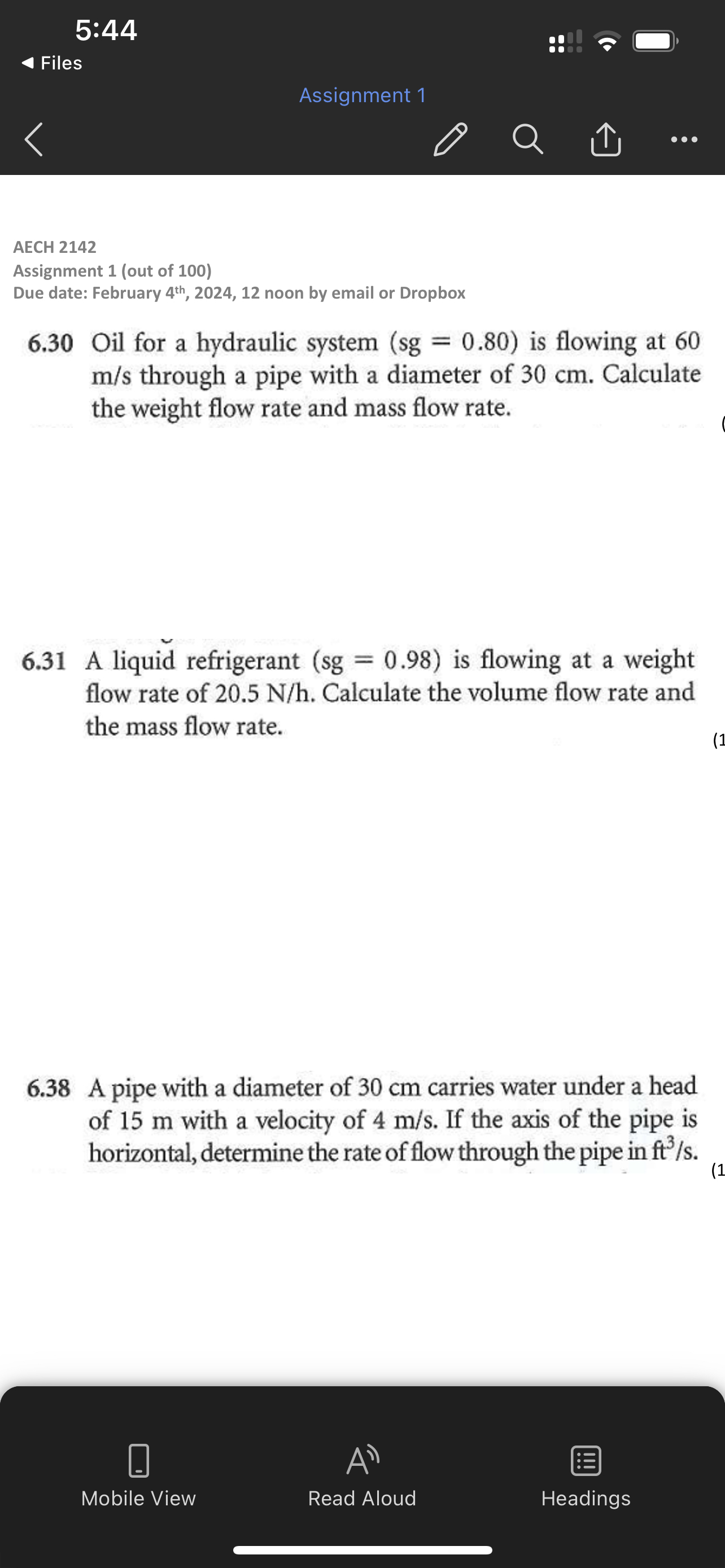  5:44 Files Assignment 1 AECH 2142 Assignment 1(out of 100) Due