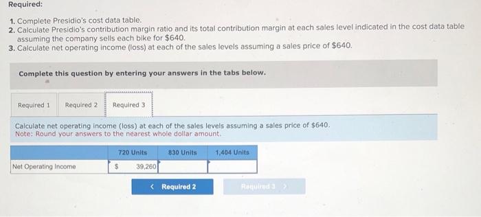 cost data table. 2. Calculate Presidio's contribution margin ratio and its total