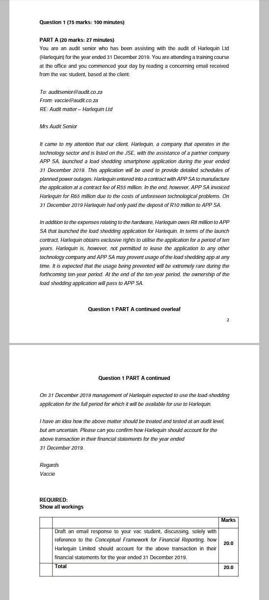 Question 1 (75 marks: 100 minutes) : PART A (20 marks: