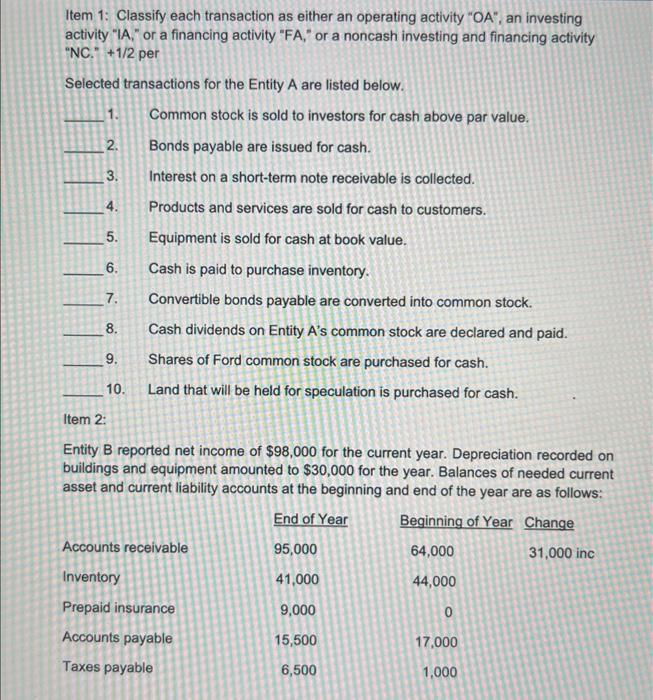  Item 1: Classify each transaction as either an operating activity "OA",