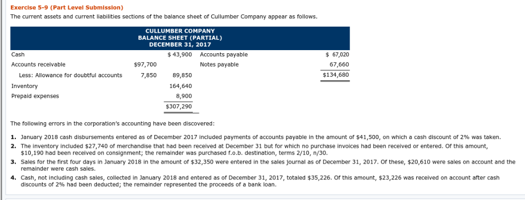  Exercise 5-9 (Part Level Submission) The current assets and current liabilities