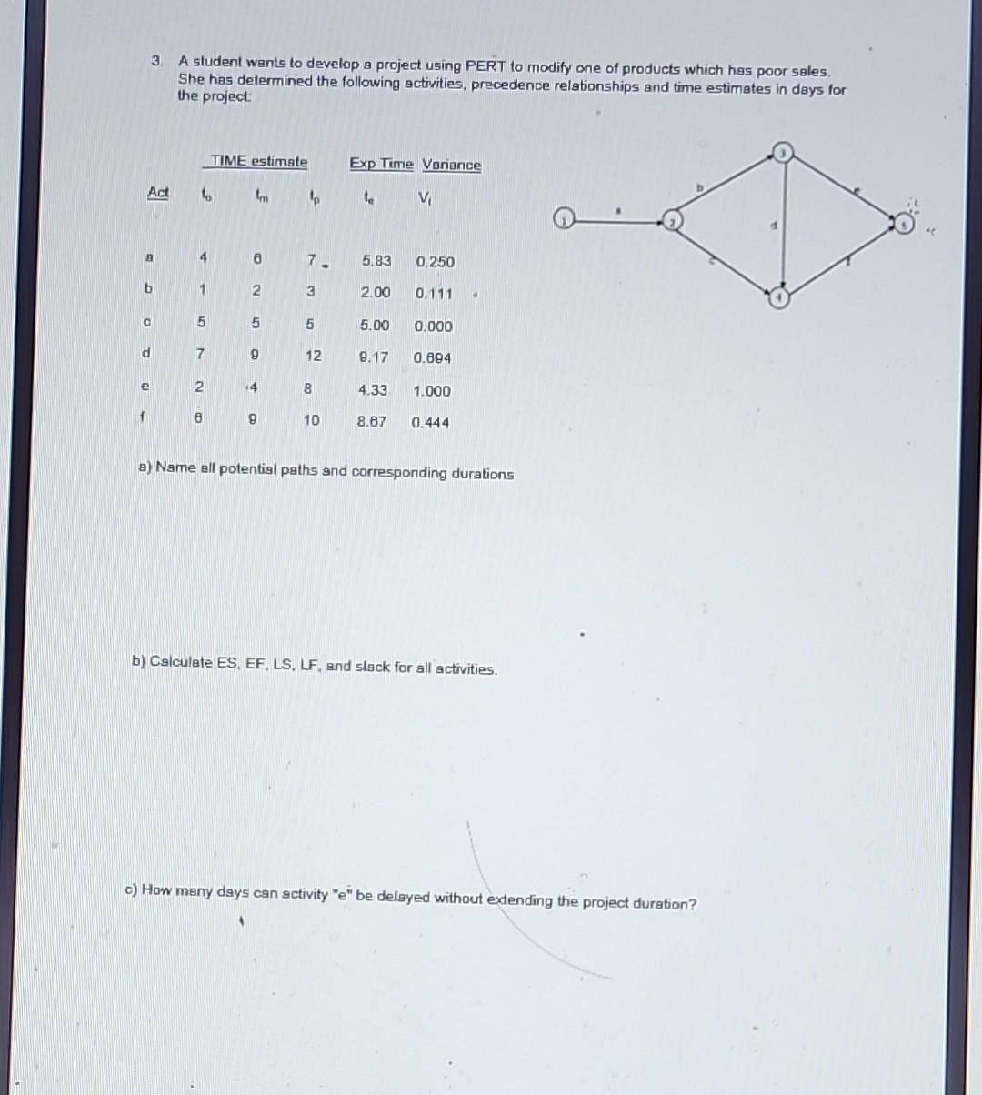  3. A student wants to develop a project using PERT to