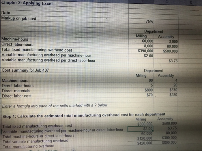 Excel 3 Cost summary for Job 408 4 Department Milling Assembly 60