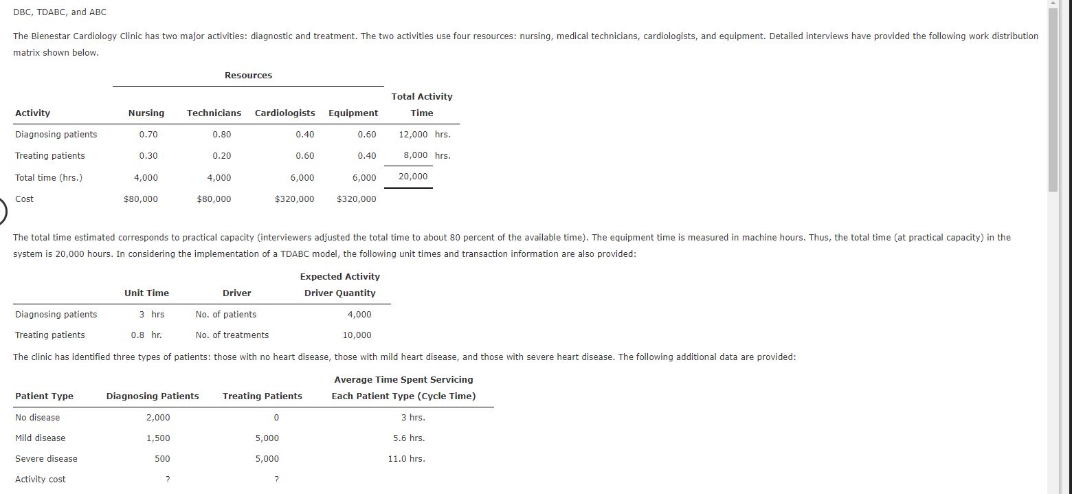 4.10 DBC, TDABC, and ABC matrix shown below. system is 20,000 hours.