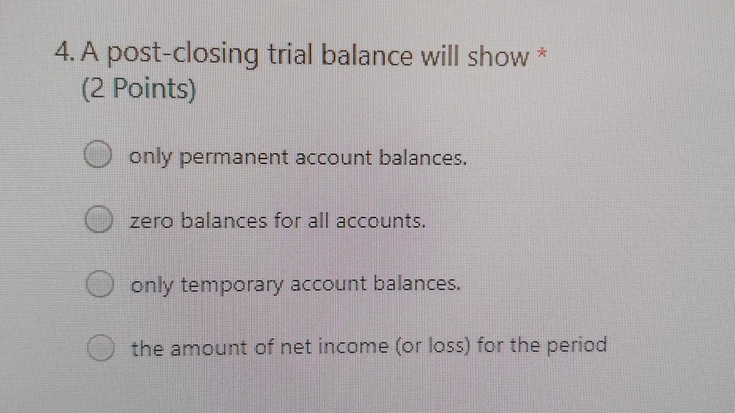 4. A post-closing trial balance will show * (2 Points) O