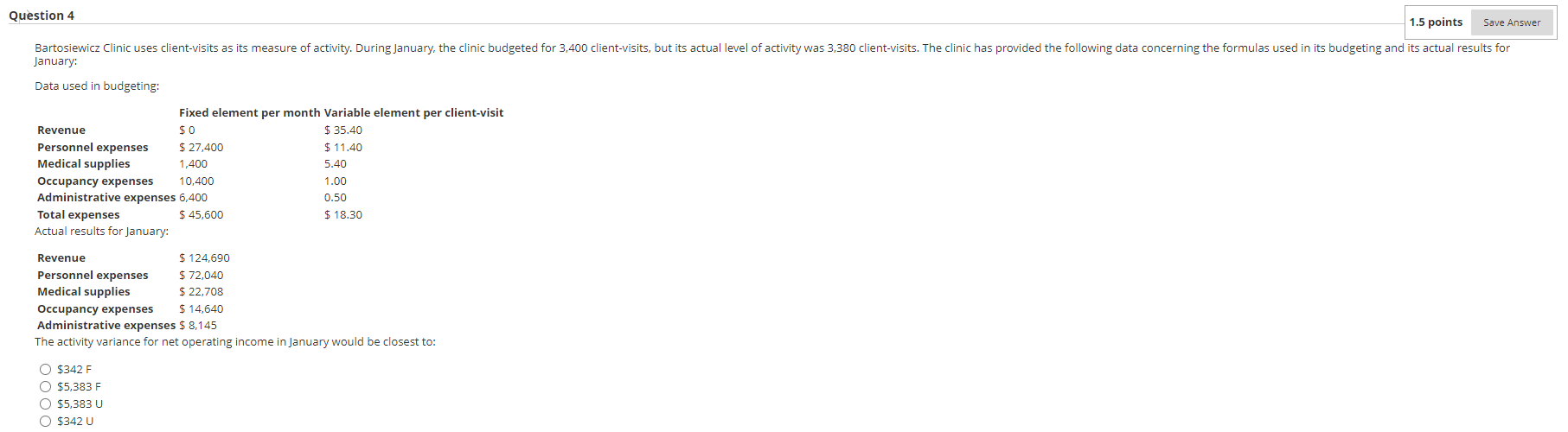  Question 4 1.5 points Save Answer Bartosiewicz Clinic uses client-visits as
