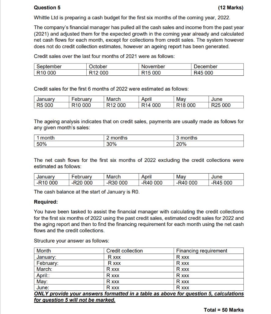 Question 5 (12 Marks) Whittle Ltd is preparing a cash budget
