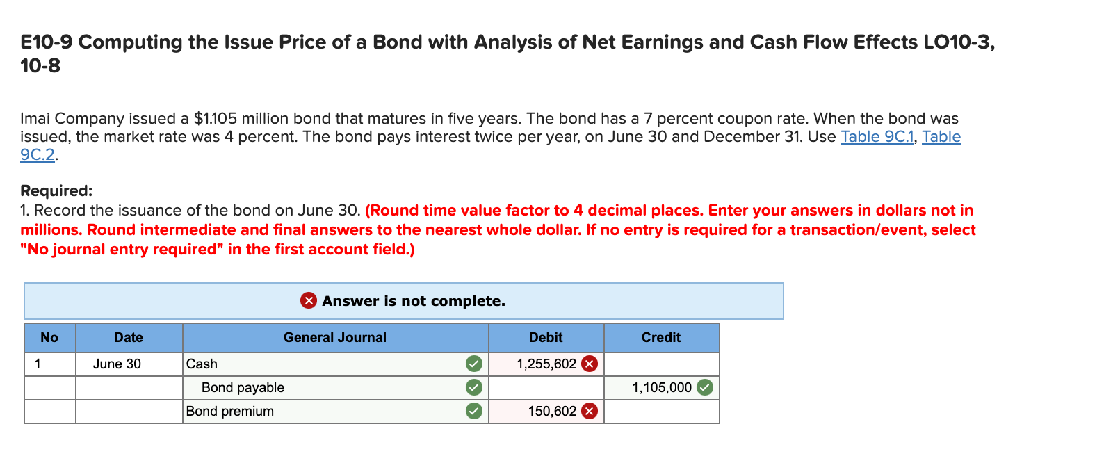 Please correct errors E10-9 Computing the Issue Price of a Bond with