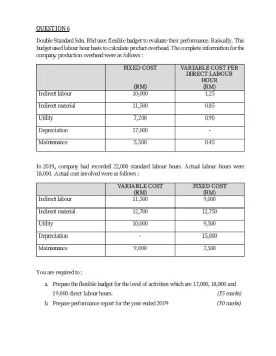  QUESTION 6 Double Standard Sdn Bheiluses flexible budget to evaluate their