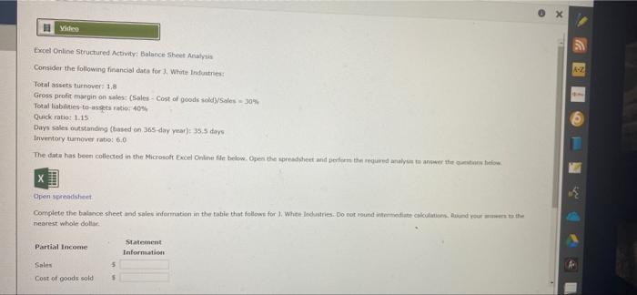 c X Video Excel Online Structured Activity: Balance Sheet Analysis Consider the