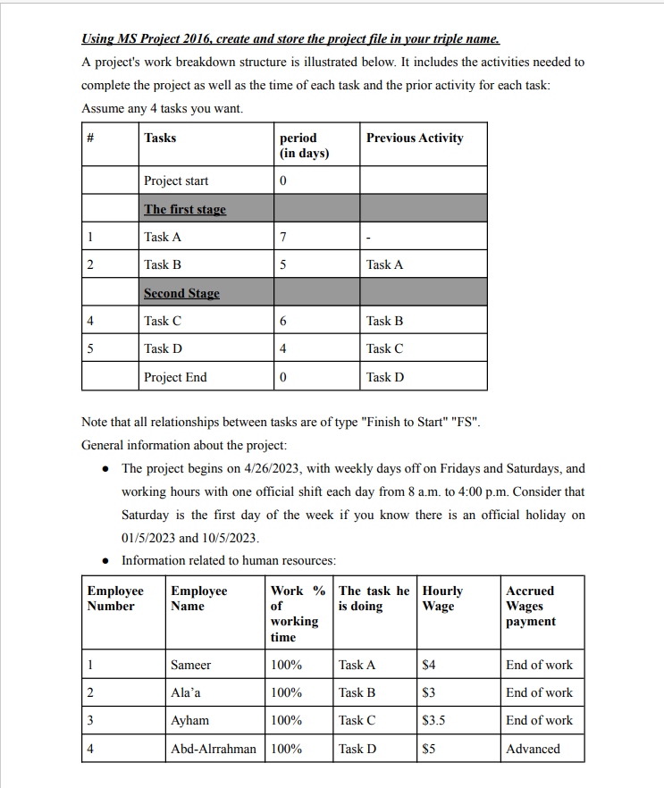Using MS Project 2016, create and store the project file in