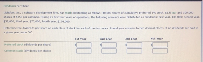  Dividends Per Share Lightfoot Inc., a software development firm, has stock