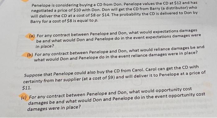  Penelope is considering buying a CD from Don. Penelope values the