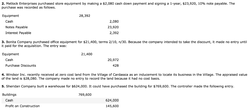 are as follows 1. Whispering Industries Inc. acquired land, buildings, and equipment