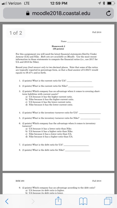 the current ratio for Nike? _______________________ 3. (2 points) Which company has