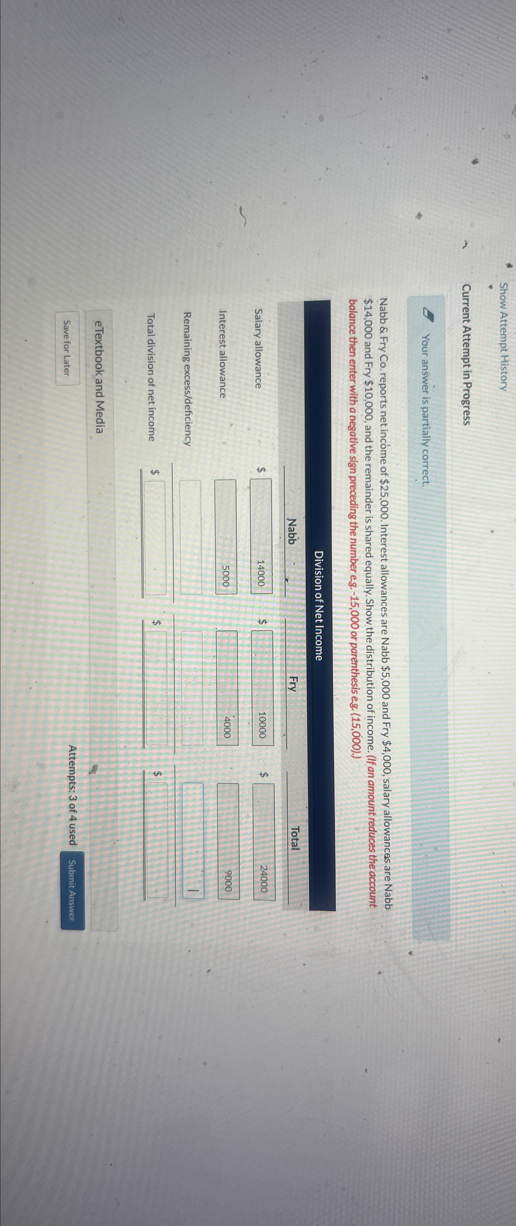  Show Attempt History Current Attempt in Progress Your answer is partially