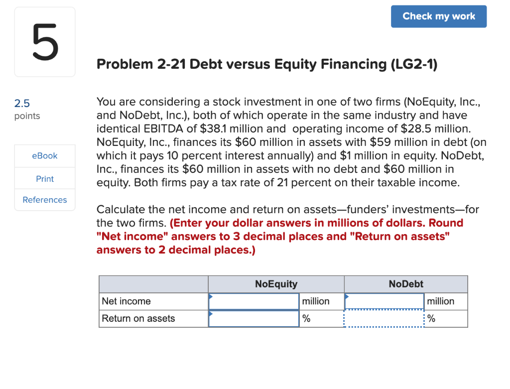 Check my work 5 Problem 2-21 Debt versus Equity Financing (LG2-1)