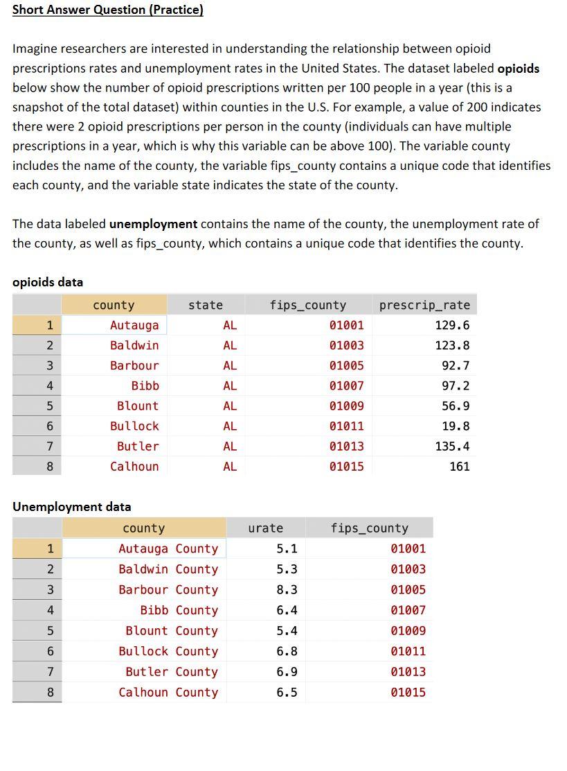 These questions all use STATA as the coding language. Short Answer Question