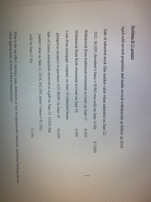  Problem B (5 points) April sold several properties and made several
