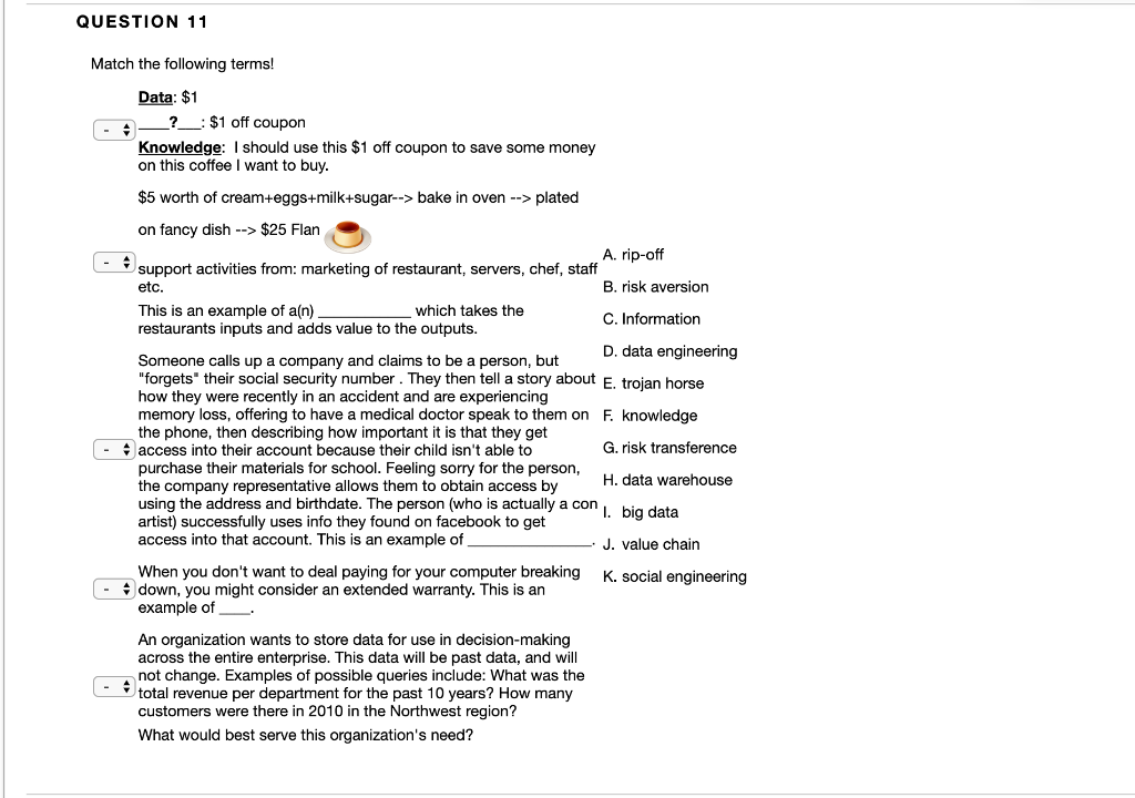 QUESTION 11 Match the following terms! Data: $1 __?___: $1 off