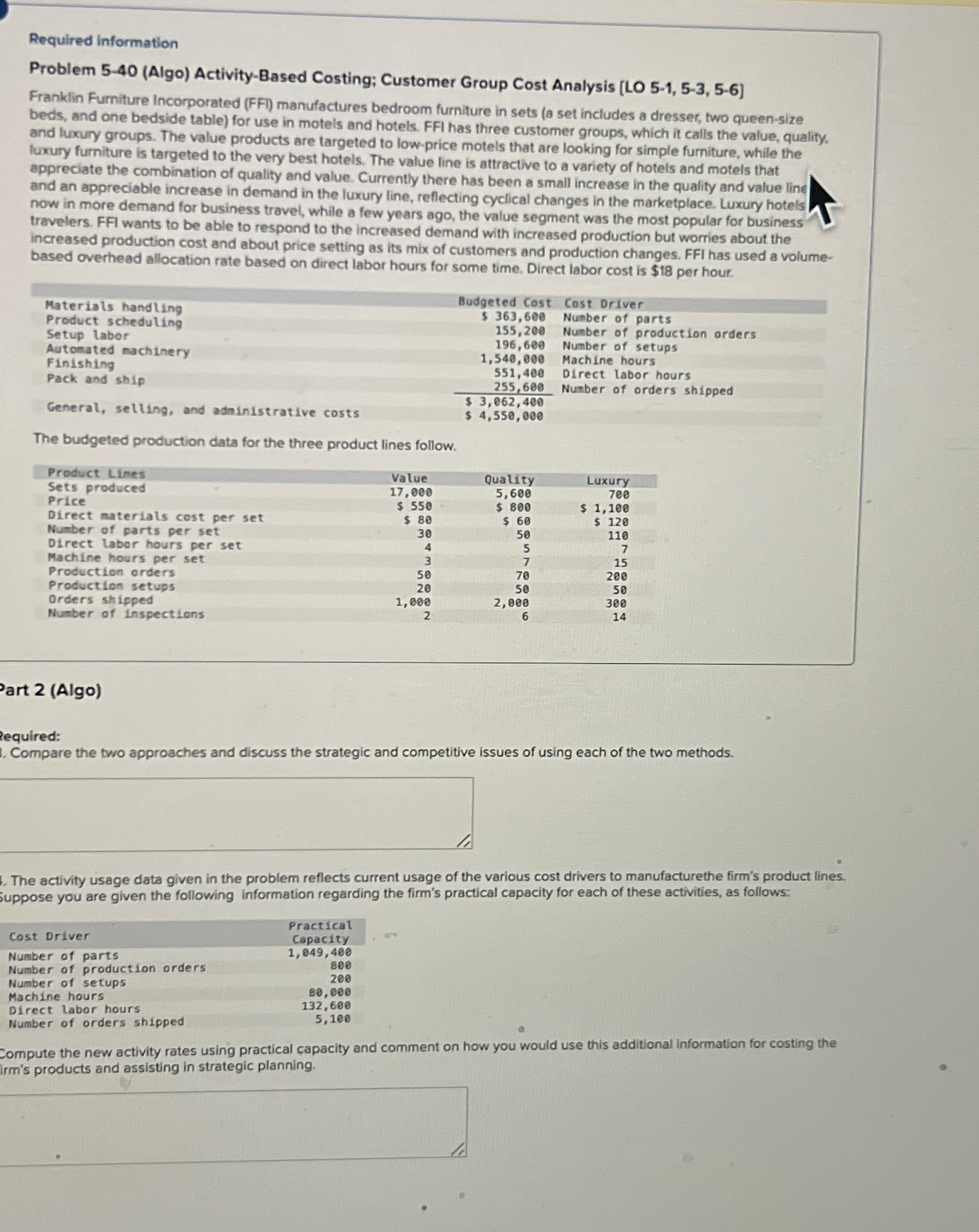  Required information Problem 5-40(Algo) Activity-Based Costing; Customer Group Cost Analysis [LO