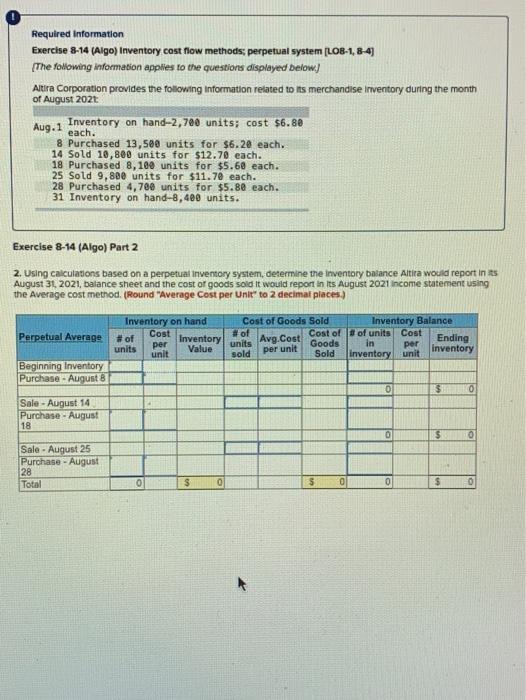  Required information Exercise 8-14 (Algo) Inventory cost flow methods; perpetual system