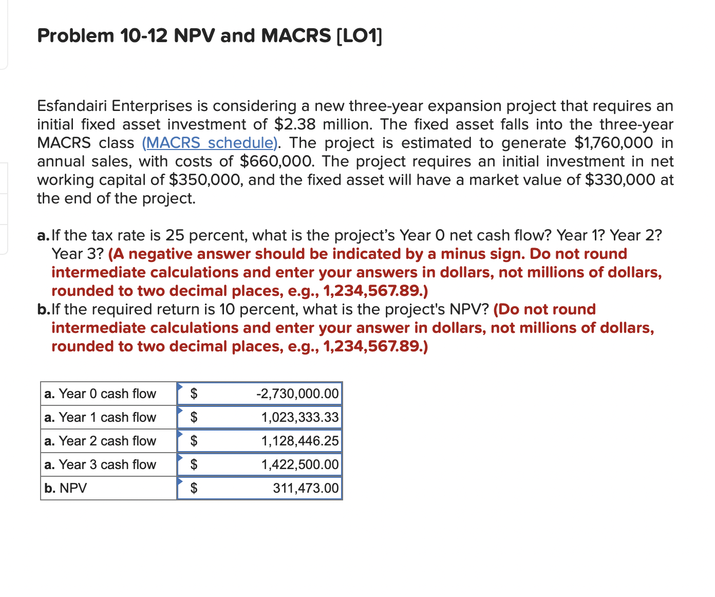  Problem 10-12 NPV and MACRS [LO1] Esfandairi Enterprises is considering a