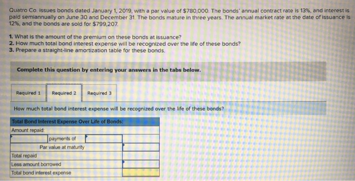  Quatro Co. issues bonds dated January 1, 2019, with a par
