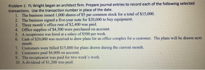  Problem 1: FL Wright began an architect firm. Prepare journal entries