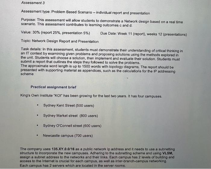  Assessment type: Problem Based Scenario - individual report and presentation Purpose: