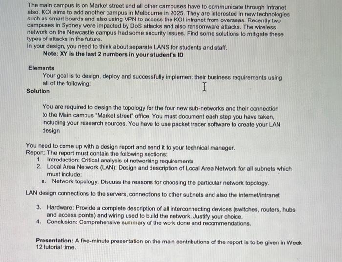 This assessment will allow students to demonstrate a Network design based on