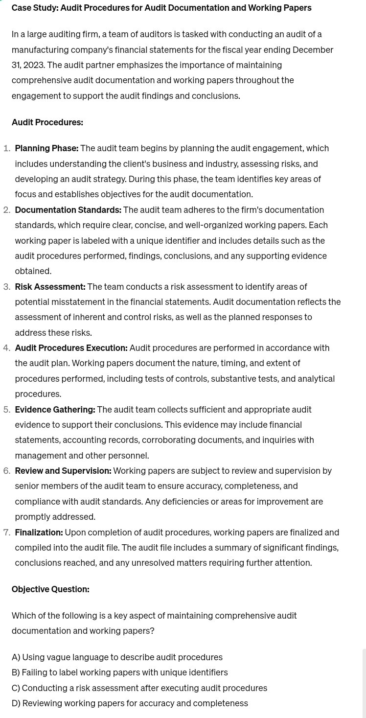  Case Study: Audit Procedures for Audit Documentation and Working Papers In