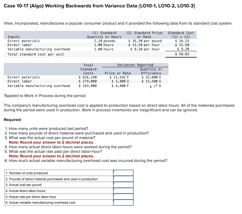  Case 10-17(Algo) Working Backwards from Variance Data [LO10-1, LO10-2, LO10-3] Vitex,