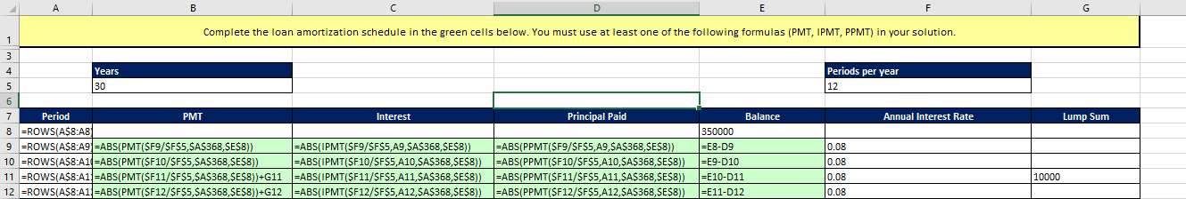Task: Complete the loan amortization schedule in the green cells below.