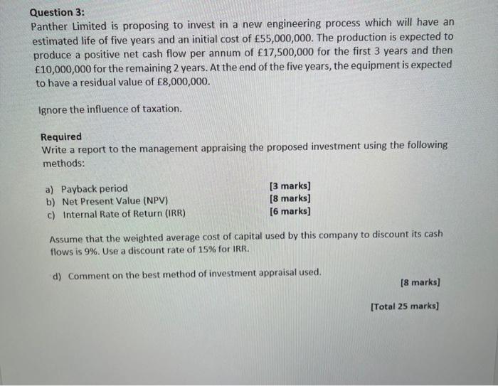 URGENT PLEASE ANSWER Question 3: Panther Limited is proposing to invest in